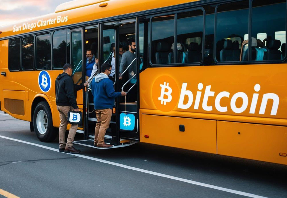 A San Diego charter bus with a Bitcoin symbol on the side, passengers boarding with digital wallets