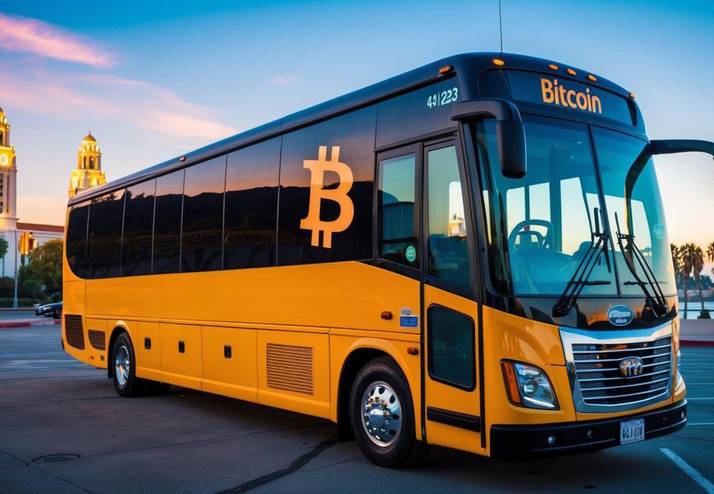 A charter bus parked outside a San Diego landmark with a Bitcoin logo displayed on its digital payment screen